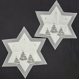 Set 2 German Embroidered Christmas Table Mats 15” Star Shaped Trees Gold Thread